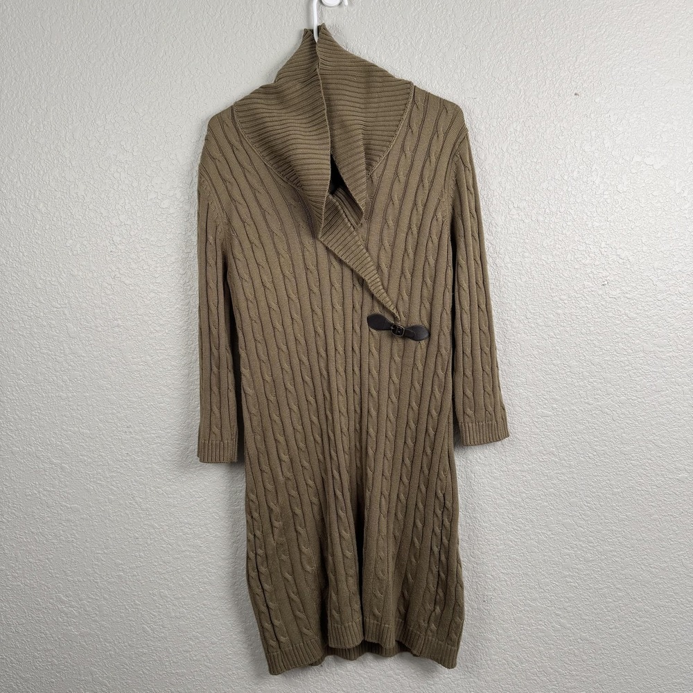 Dana Buchman Sweater Cardigan Womens XL Taupe Cable Knit Shawl Collar Toggle